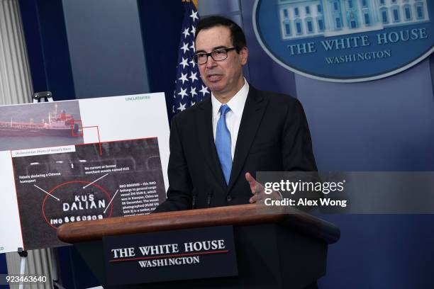 Treasury Secretary Steven Mnuchin briefs members of the media in the James Brady Press Briefing Room of the White House February 23, 2018 in...