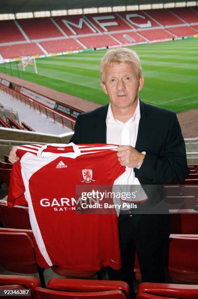 Gordon Strachan poses with a club shirt after a press conference held to present him as the new Middlesbrough manager at the Riverside Stadium on...