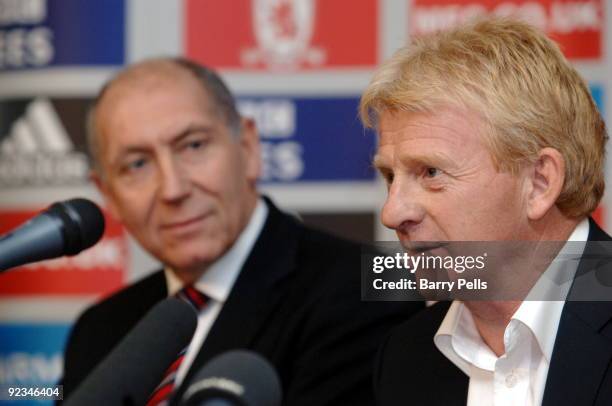 Gordon Strachan attends a press conference held to present him as the new Middlesbrough manager, as Chief Executive Keith Lamb looks on at the...