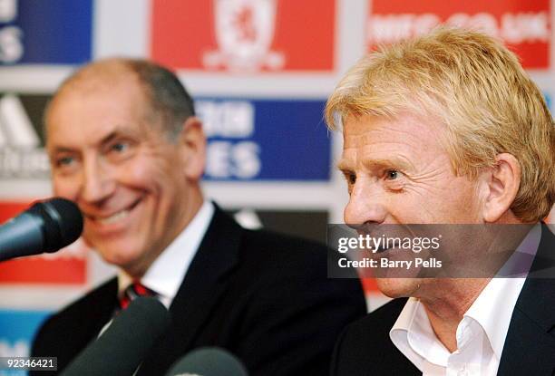 Gordon Strachan attends a press conference held to present him as the new Middlesbrough manager, as Chief Executive Keith Lamb looks on at the...