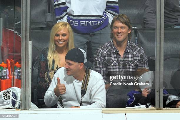 Australian pop star Chantelle Delaney and Australian rules football star Jess Sinclair attend the game between the Los Angeles Kings and the Dallas...