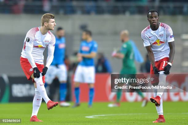 Timo Werner of RB Leipzig and Bruma of RB Leipzig during UEFA Europa League Round of 32 match between RB Leipzig and Napoli at the Red Bull Arena on...