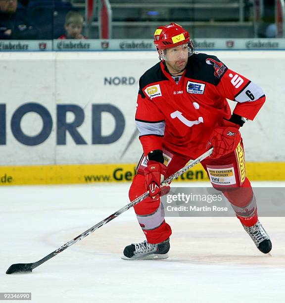 Aris Brimanis of Hannover skates with the puck during the DEL match between Hannover Scorpions and Augsburg Panther at the TUI Arena on October 23,...