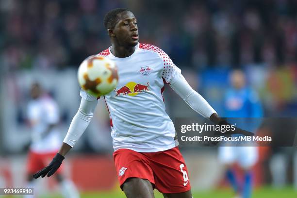 Ibrahima Konate of RB Leipzig during UEFA Europa League Round of 32 match between RB Leipzig and Napoli at the Red Bull Arena on February 22, 2018 in...