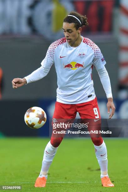 Yussuf Poulsen of RB Leipzig during UEFA Europa League Round of 32 match between RB Leipzig and Napoli at the Red Bull Arena on February 22, 2018 in...