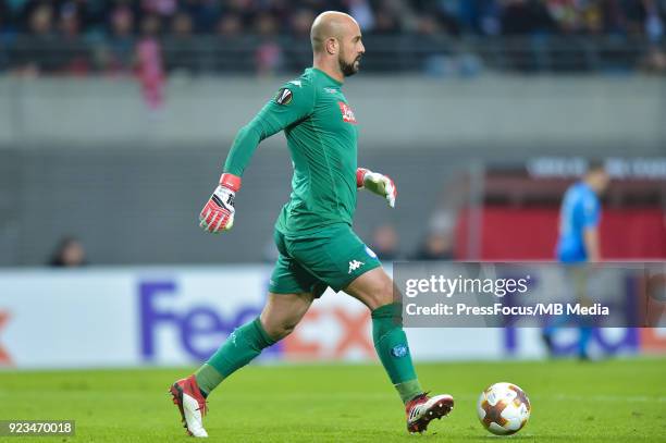 Jose Manuel Reina of Napoli during UEFA Europa League Round of 32 match between RB Leipzig and Napoli at the Red Bull Arena on February 22, 2018 in...