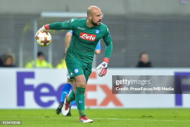 Jose Manuel Reina of Napoli during UEFA Europa League Round of 32 match between RB Leipzig and Napoli at the Red Bull Arena on February 22, 2018 in...