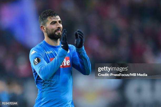 Raul Albiol of Napoli reacts during UEFA Europa League Round of 32 match between RB Leipzig and Napoli at the Red Bull Arena on February 22, 2018 in...