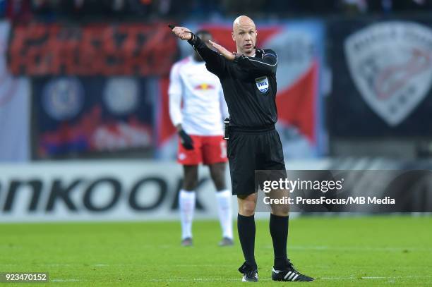 Referee Anthony Taylor during UEFA Europa League Round of 32 match between RB Leipzig and Napoli at the Red Bull Arena on February 22, 2018 in...