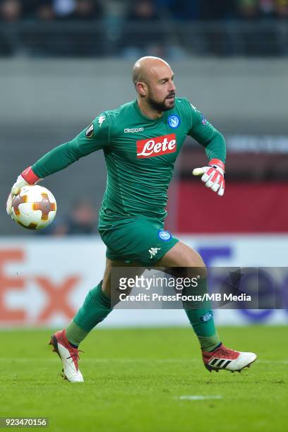 Jose Manuel Reina of Napoli during UEFA Europa League Round of 32 match between RB Leipzig and Napoli at the Red Bull Arena on February 22, 2018 in...
