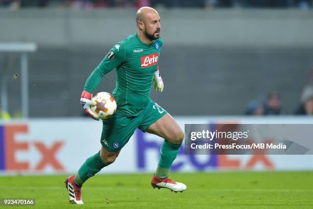 Jose Manuel Reina of Napoli during UEFA Europa League Round of 32 match between RB Leipzig and Napoli at the Red Bull Arena on February 22, 2018 in...