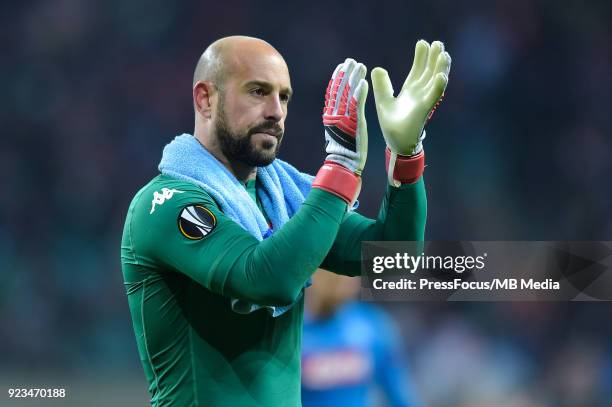 Jose Manuel Reina of Napoli reacts after UEFA Europa League Round of 32 match between RB Leipzig and Napoli at the Red Bull Arena on February 22,...