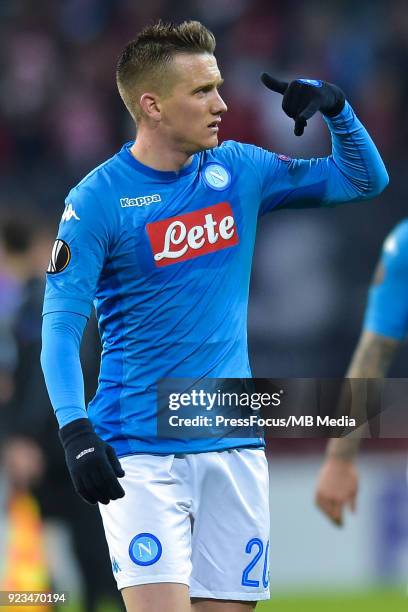 Piotr Zielinski of Napoli reacts after UEFA Europa League Round of 32 match between RB Leipzig and Napoli at the Red Bull Arena on February 22, 2018...