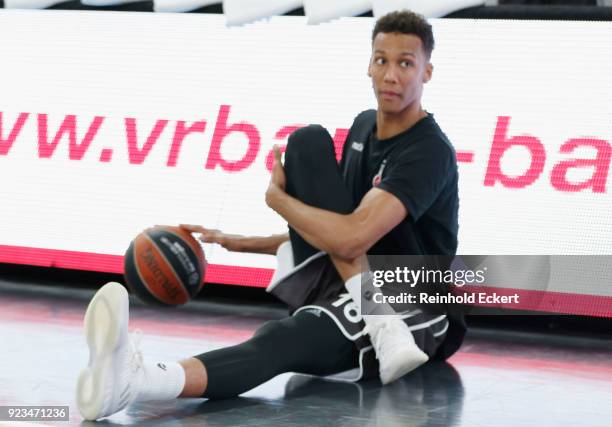 Louis Olinde, #16 of Brose Bamberg warming up before the 2017/2018 Turkish Airlines EuroLeague Regular Season Round 23 game between Brose Bamberg and...