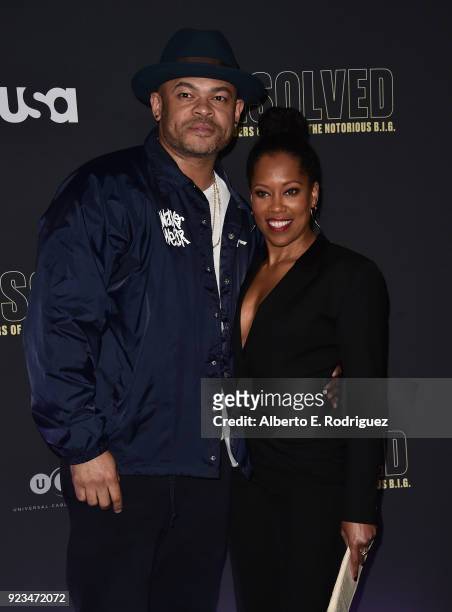 Director Anthony Hemmingway and actress Regina King attend the premiere of USA Network's "Unsolved: The Murders of Tupac and The Notorious B.I.G. At...