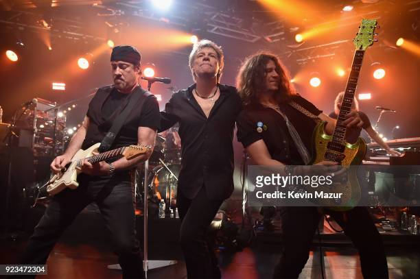 Bon Jovi performs on stage at iHeartRadio ICONS With Bon Jovi Presented By AutoZone at the iHeartRadio Theater New York on February 21, 2018 in New...