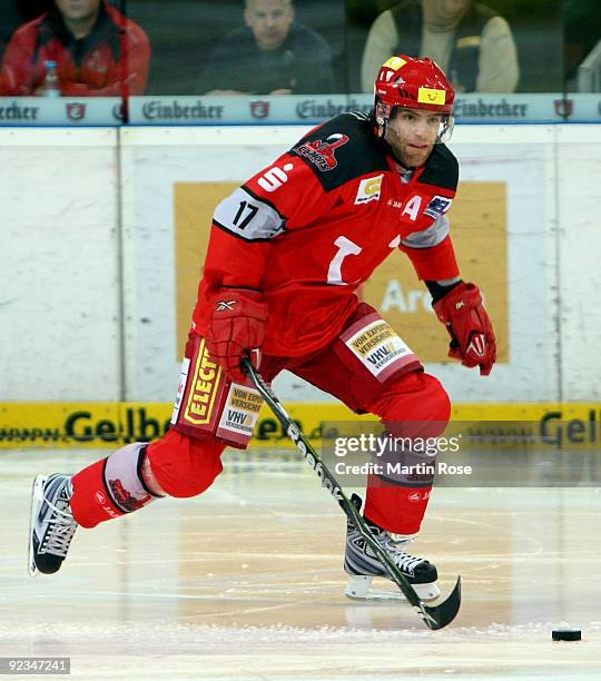 Nikolaus Mondt of Hannover skates with the puck during the DEL match between Hannover Scorpions and Augsburg Panther at the TUI Arena on October 23,...