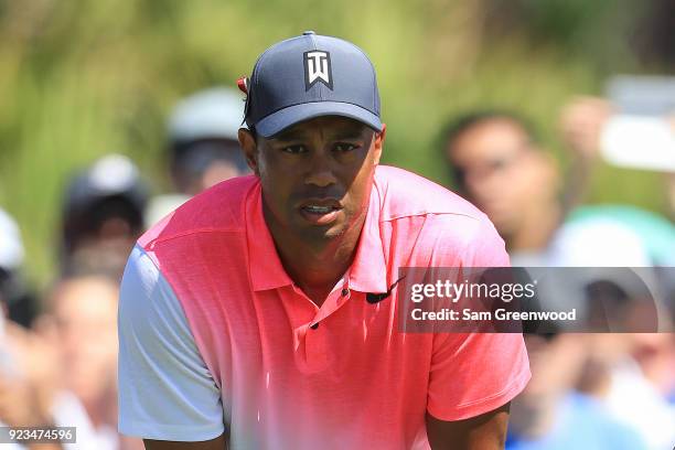 Tiger Woods looks onto the second green during the second round of the Honda Classic at PGA National Resort and Spa on February 23, 2018 in Palm...