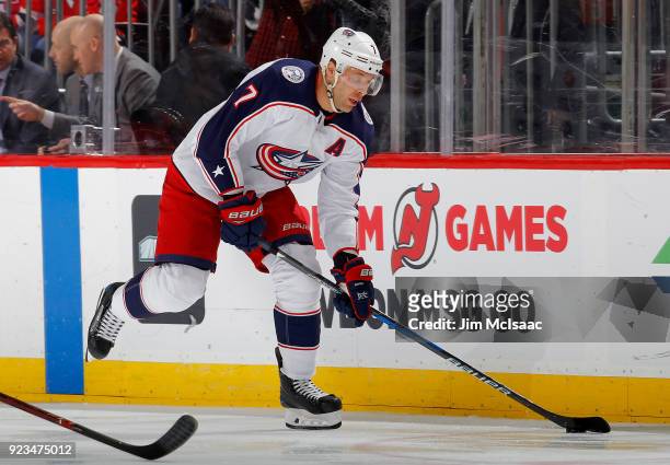 Jack Johnson of the Columbus Blue Jackets in action against the New Jersey Devils on February 20, 2018 at Prudential Center in Newark, New Jersey.