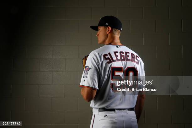 Aaron Slegers of the Minnesota Twins poses for a portrait on February 21, 2018 at Hammond Field in Ft. Myers, Florida.