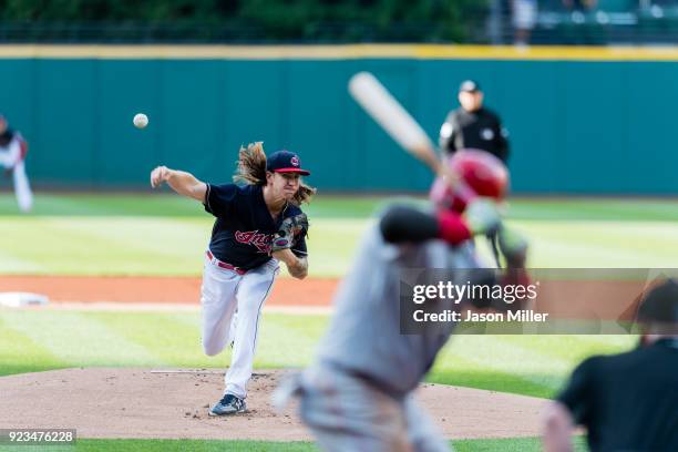 Starting pitcher Mike Clevinger of the Cleveland Indians pitches to Yunel Escobar of the Los Angeles Angels of Anaheim during the first inning at...