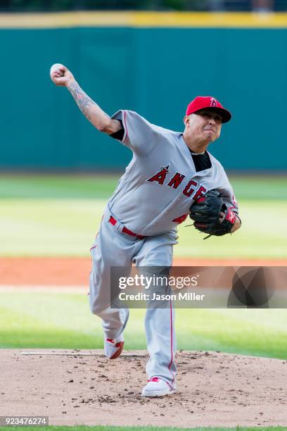 Starting pitcher Jesse Chavez of the Los Angeles Angels of Anaheim pitches during the first inning against the Cleveland Indians at Progressive Field...