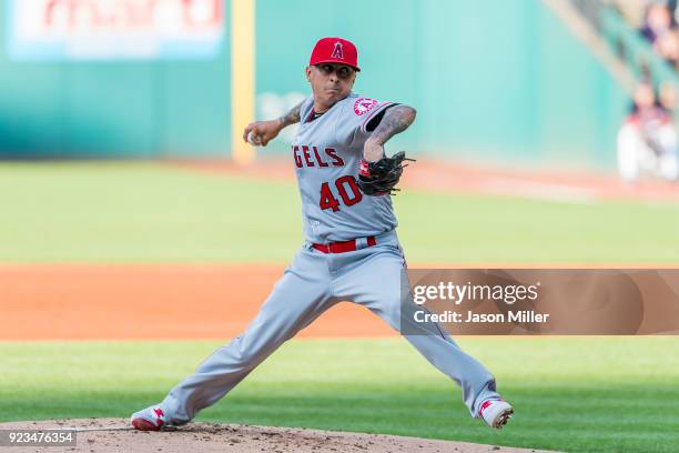 Starting pitcher Jesse Chavez of the Los Angeles Angels of Anaheim pitches during the first inning against the Cleveland Indians at Progressive Field...