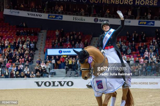 Danish equestrian Cathrine Dufour on Atterupgaards Cassidy wins the FEI World Cup Dressage freestyle competition during the Gothenburg Horse Show in...