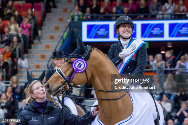 Danish equestrian Cathrine Dufour on Atterupgaards Cassidy wins the FEI World Cup Dressage freestyle competition during the Gothenburg Horse Show in...