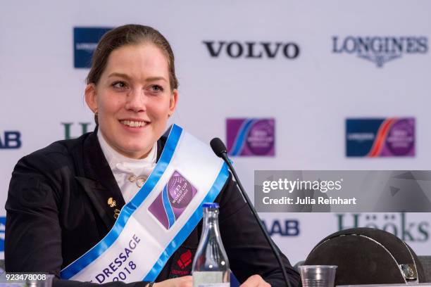 Danish equestrian Cathrine Dufour on Atterupgaards Cassidy wins the FEI World Cup Dressage freestyle competition during the Gothenburg Horse Show in...