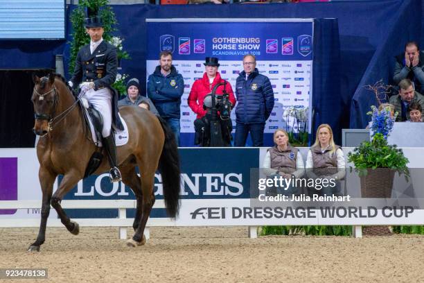Swedish equestrian Patrik Kittel on Delaunay OLD rides into third place in the FEI World Cup Dressage freestyle competition during the Gothenburg...