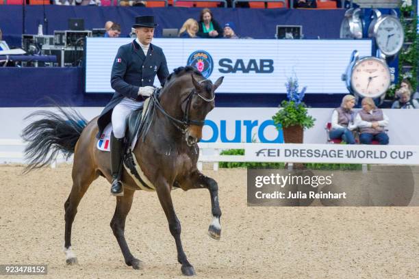 French equestrian Ludovic Henry on After You rides into fifth place in the FEI World Cup Dressage freestyle competition during the Gothenburg Horse...