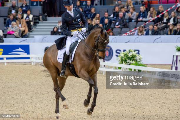 Swedish equestrian Patrik Kittel on Delaunay OLD rides into third place in the FEI World Cup Dressage freestyle competition during the Gothenburg...
