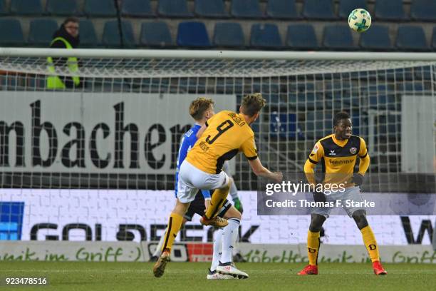 Lucas Roeser of Dresden scores his teams third goal during the Second Bundesliga match between DSC Arminia Bielefeld and SG Dynamo Dresden at Schueco...