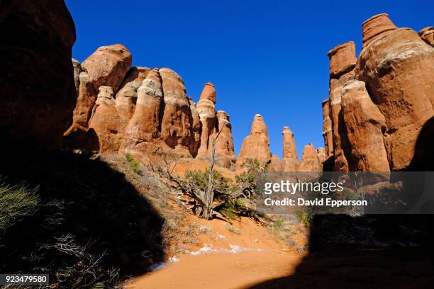 fiery furnace area of arches national park in winter. - fiery furnace arches national park stock pictures, royalty-free photos & images