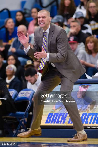 Utah Valley Wolverines head coach Mark Pope reacts to a play during the game between the Utah Valley Wolverines and the Cal State Bakersfield...