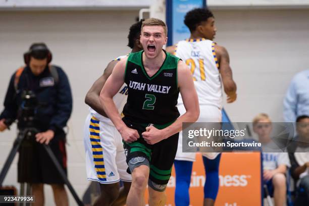 Utah Valley Wolverines guard Jake Toolson reacts after a basket during the game between the Utah Valley Wolverines and the Cal State Bakersfield...