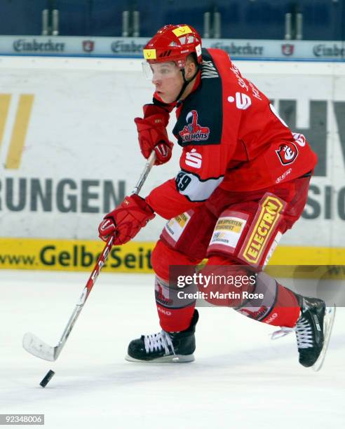 David Wolf of Hannover skates with the puck during the DEL match between Hannover Scorpions and Augsburg Panther at the TUI Arena on October 23, 2009...