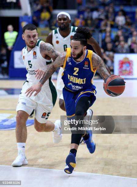 Tyler Honeycutt, #2 of Khimki Moscow Region competes with Mike James, #5 of Panathinaikos Superfoods Athens in action during the 2017/2018 Turkish...