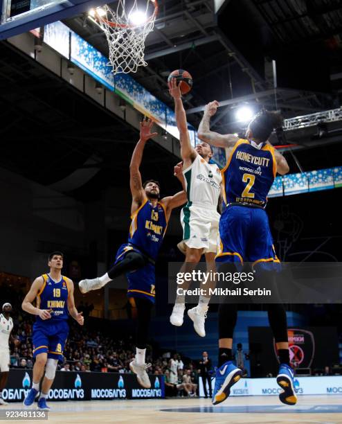 Mike James, #5 of Panathinaikos Superfoods Athens competes with Anthony Gill, #13 and Tyler Honeycutt, #2 of Khimki Moscow Region in action during...