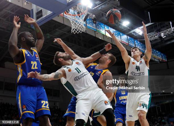 Nikos Pappas, #11 and Dinos Mitoglou, #44 of Panathinaikos Superfoods Athens competes with Sergey Monia, #12 of Khimki Moscow Region in action during...