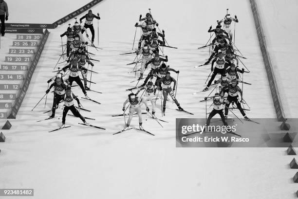 Winter Olympics: View of athletes in action at start during Women's 12.5km Mass Start at Alpensia Biathlon Centre. PyeongChang-Gun, South Korea...