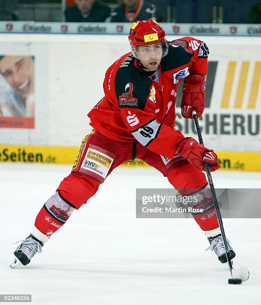 Klaus Kathan of Hannover skates with the puck during the DEL match between Hannover Scorpions and Augsburg Panther at the TUI Arena on October 23,...