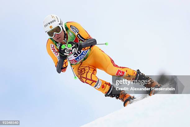 Jake Zamansky of Canada competes in the Men's giant slalom event of the Men's Alpine Skiing FIS World Cup at the Rettenbachgletscher on October 25,...