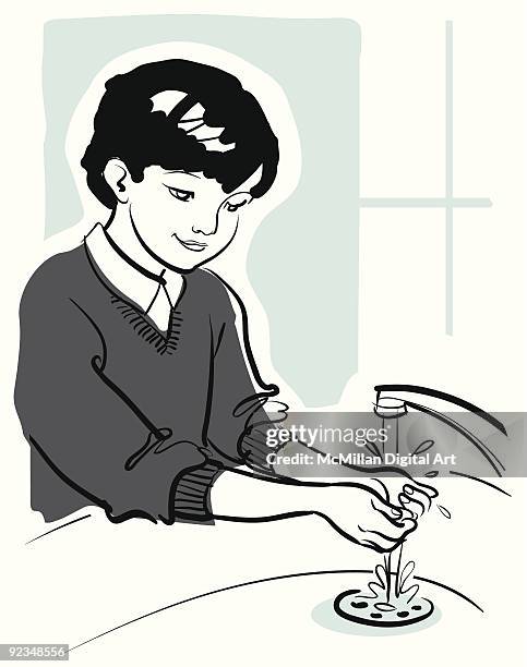 boy washing hands - children washing hands stock illustrations