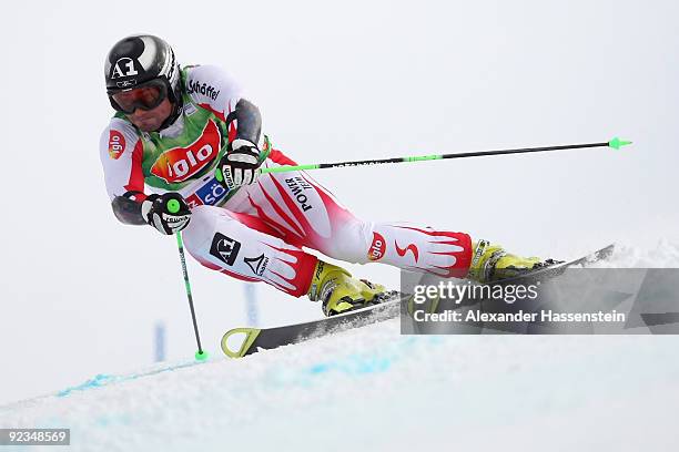 Stephan Goergl of Austria competes in the Men's giant slalom event of the Men's Alpine Skiing FIS World Cup at the Rettenbachgletscher on October 25,...