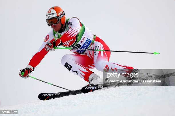 Hannes Reichelt of Austria competes in the Men's giant slalom event of the Men's Alpine Skiing FIS World Cup at the Rettenbachgletscher on October...