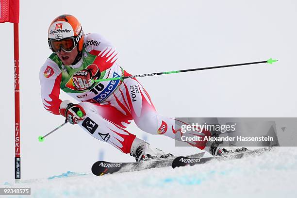Hannes Reichelt of Austria competes in the Men's giant slalom event of the Men's Alpine Skiing FIS World Cup at the Rettenbachgletscher on October...