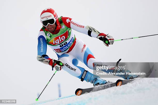 Silvan Zurbriggen of Switzerland competes in the Men's giant slalom event of the Men's Alpine Skiing FIS World Cup at the Rettenbachgletscher on...