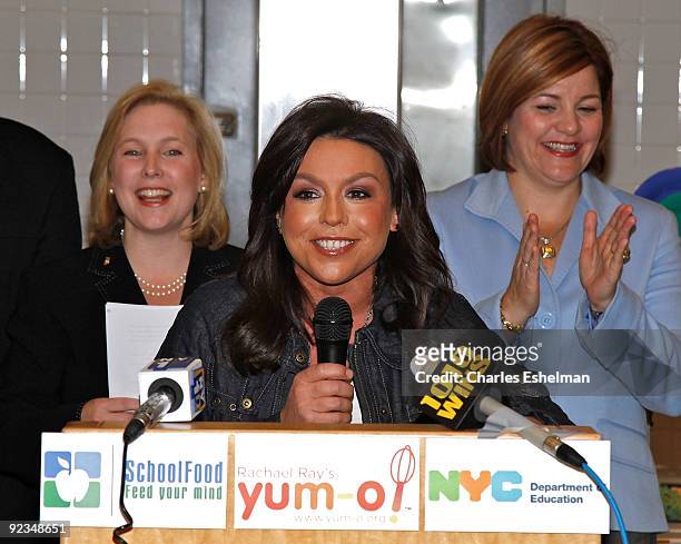 Sen. Kristen Gillibrand , TV personality, Rachael Ray and New York City Council Speaker, Christine Quinn promote the Yum-o! Lunch Program at P.S. 89...